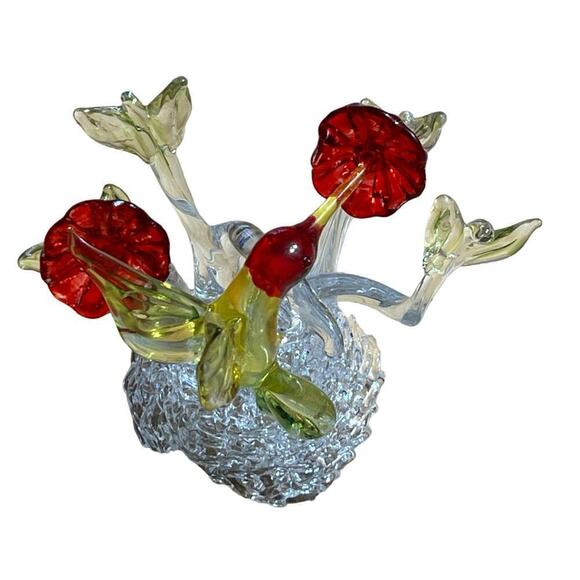 Beautiful Glass Hummingbird Figurine with Flowers. Red/Green. Shelf Decor. Bird. - Picture 6 of 8